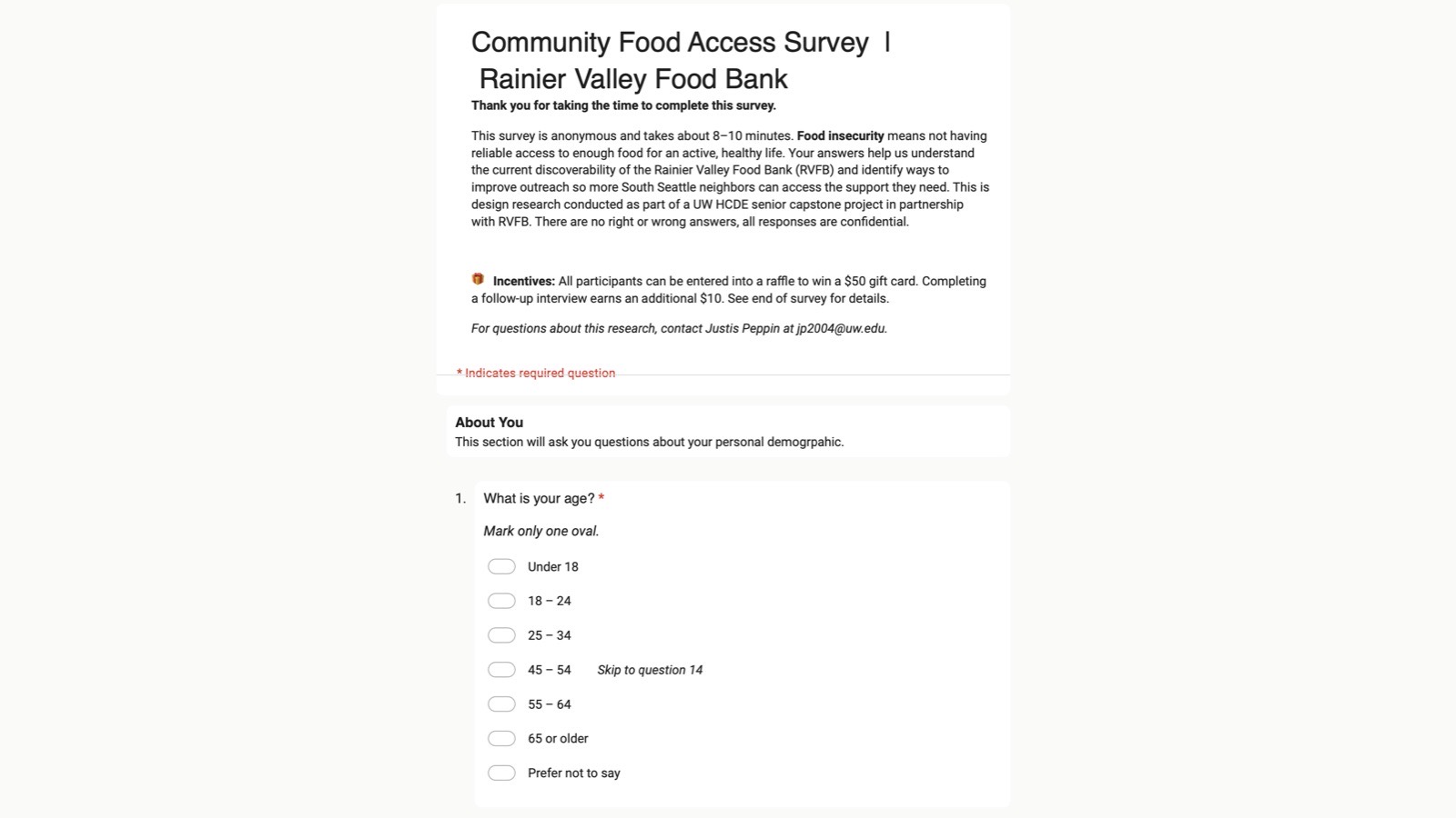 The first page of the Community Food Access Survey for Rainier Valley Food Bank, showing the introduction, the incentive details, and the opening age question.
