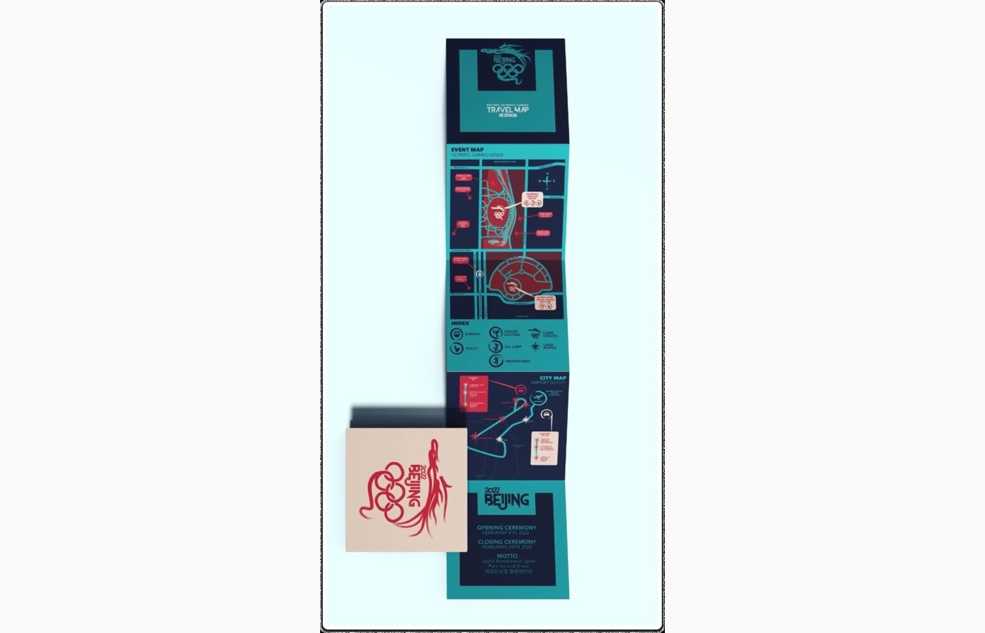 A folded Beijing 2022 Olympic Games travel map showing an event map of the games venues, an icon index, and a city map of the airport to city route, printed in teal and dark navy.