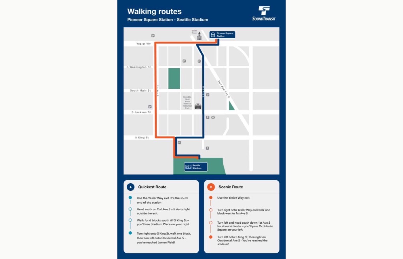 An early version of the walkway guide showing two walking routes, a quickest route and a scenic route, on a plain street map with minimal branding.